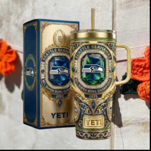 Seattle Seahawks 2025 Super Bowl Champions Gold Jewel Commemorative Gift Stainless Steel Insulated Tumbler