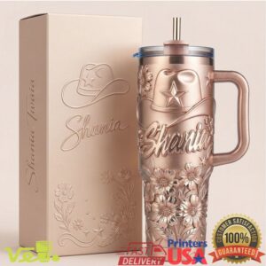 Shania Twain Queen of Me Rose Gold Floral Western Cowboy Hat Stainless Steel Insulated Tumbler