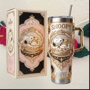 Snoopy “Happiness is Simple” Elegant Gold & Pink Filigree 40oz Tumbler