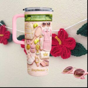 Stephanie Personalized Pink Tennis Life Girl Sport Medal Award Theme 40oz Tumbler