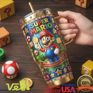 Super Mario 40th Anniversary 1985 2025 Retro Nintendo Gaming Fans Gift Men Women Tumbler