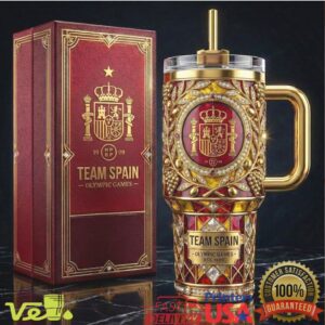 Team Spain Olympic Games Est 1909 Luxury Gold Embossed Gift Fans Stainless Steel Insulated Tumbler
