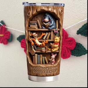 Winnie the Pooh “Good Books Make Good Friends” 3D Wood Carved Effect Tumbler