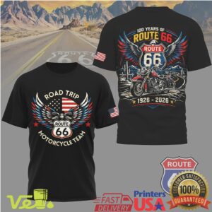 100 Years of Route 66 Anniversary 1926 2026 Motorcycle Team Vintage Road Trip T Shirt