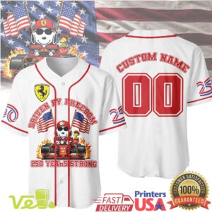 Custom Name Snoopy Driven By Freedom 250 Years Strong Ferrari Racing Baseball Jersey