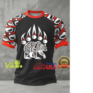 Native American Grizzly Bear Tribal Art Style Graphic Print Short Sleeve Crew Neck T Shirt
