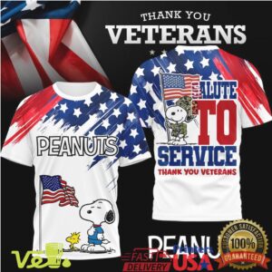 Peanuts Salute To Service T Shirt American Flag Veterans Day Patriotic Snoopy Graphic Tee