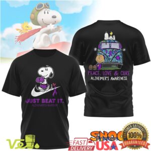 Snoopy Just Beat It Alzheimer's Awareness Purple Ribbon Peace Love Cure Graphic T Shirt