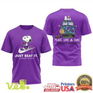 Snoopy Just Beat It Alzheimer's Awareness Purple Ribbon Peace Love Cure Graphic T Shirt