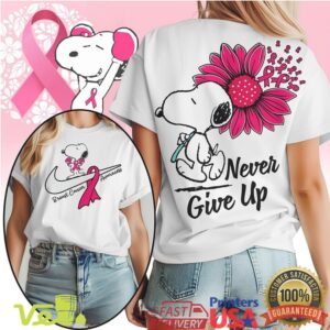 Snoopy Never Give Up Breast Cancer Awareness Nike Swoosh Pink Ribbon Graphic T Shirt