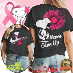 Snoopy Never Give Up Breast Cancer Awareness Nike Swoosh Pink Ribbon Graphic T Shirt