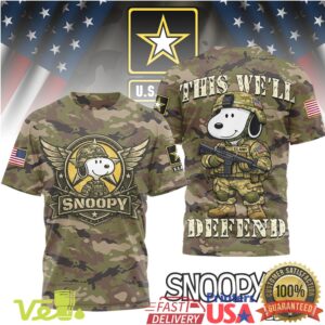 Snoopy US Army Military Camouflage Tactical Graphic T Shirt This We Will Defend Apparel